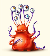 Funny cartoon orange monster with tentacles and many eyes