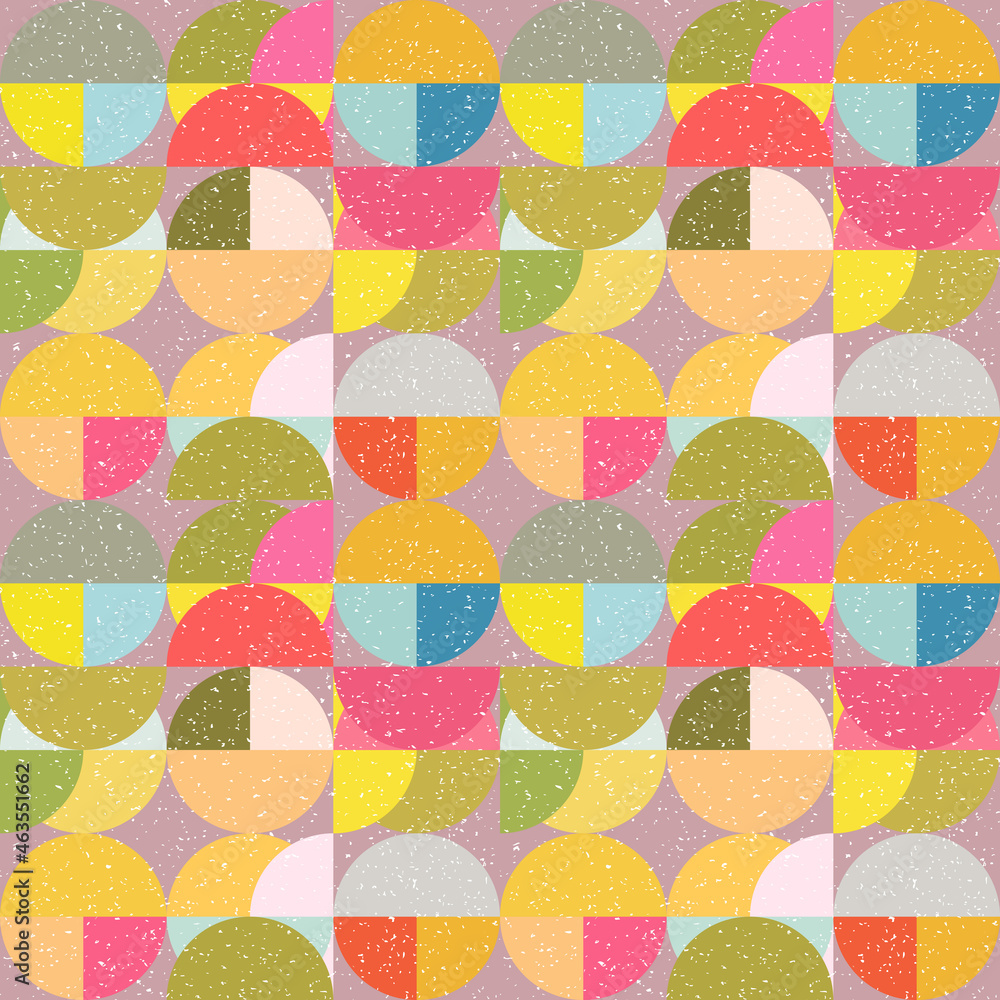 Poster Modern vector abstract seamless geometric pattern with semicircles and circles in retro scandinavian style. Pastel colored colorful shapes with worn out texture .