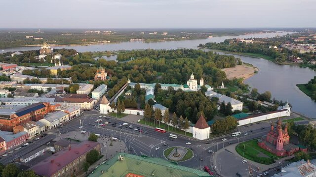 Picturesque summer view of russian town of Yaroslavl with many churches and Kotorosl river at sunset
