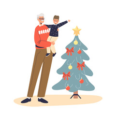 Happy grandfather holding on hands little kid boy at decorated christmas tree celebrate xmas