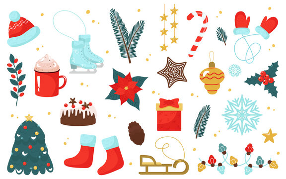 Christmas and New Year set of elements. Winter clothes, hat, mittens, socks, figure skates, cookies, poinsettia, lollipop, garland. Festive vector illustration for scrapbooking, postcards, banners.