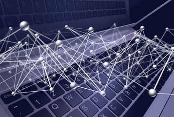 ネットワーク通信のイメージ、ノートパソコン背景