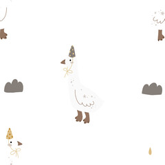 funny geese with rainbows birthday seamless pattern