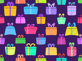 Seamless pattern with colorful gift boxes in flat style. Festive design for greeting card, wrapping paper, banners and promotional materials. Vector illustration