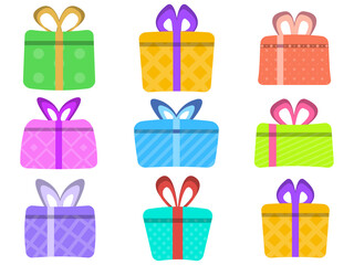 Colorful gift boxes icon set isolated on white background. Gift boxes in flat style. Design for posters, banners and promotional materials. Vector illustration