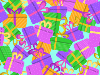 Seamless pattern with colorful gift boxes in flat style. Festive design for greeting card, wrapping paper, banners and promotional materials. Vector illustration