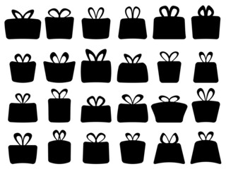 Gift boxes black color icons set isolated on white background. Silhouettes of the boxes for posters, banners and promotional materials. Vector illustration