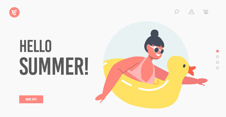 Hello Summer Landing Page Template. Little Girl Character in Swimwear Playing on Sea, Swim on Inflatable Ring, Kids Fun