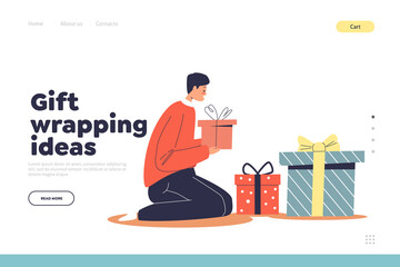 Gift wrapping ideas concept of landing page with boy decorate christmas presents for winter holidays