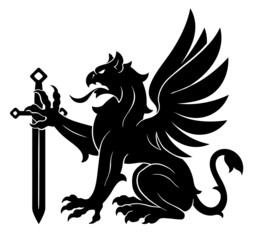 Black heraldic griffin with sword on the white background. Can be used in coat of arms design.