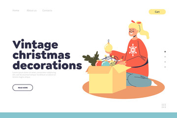 Vintage christmas decorations concept of landing page with girl taking toys for Xmas tree from box