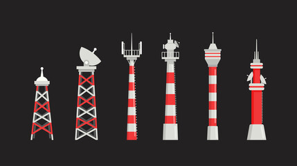 Set of Radio Towers, Communication Technology Antenna Construction. City Network Wireless Signal Station Equipment