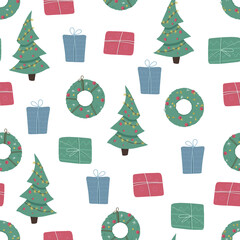 Seamless pattern in cartoon style. Christmas or New Year theme. Flat vector illustration for postcards, gift paper, printing on fabric