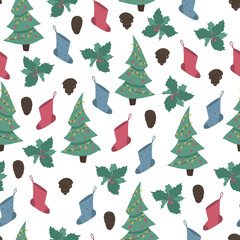 Seamless pattern in cartoon style. Christmas or New Year theme. Flat vector illustration for postcards, gift paper, printing on fabric