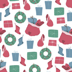 Seamless pattern in cartoon style. Christmas or New Year theme. Flat vector illustration for postcards, gift paper, printing on fabric