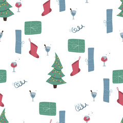 Seamless pattern in cartoon style. Christmas or New Year theme. Flat vector illustration for postcards, gift paper, printing on fabric