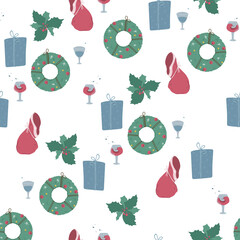Seamless pattern in cartoon style. Christmas or New Year theme. Flat vector illustration for postcards, gift paper, printing on fabric