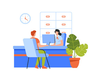 Bank Office or Insurance Company Interior with Female Receptionist Employee Sitting Behind of Table Serving Customer