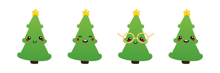 Set, collection of cute, smiling green christmas trees with golden stars characters for Christmas celebration design.