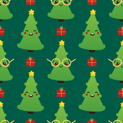 Cute and smiling green christmas tree characters and gift boxes, presents for Christmas celebration design.
