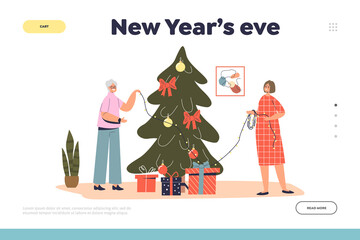 Obraz na płótnie Canvas New year eve landing page with grandmother decorating christmas tree together with granddaughter