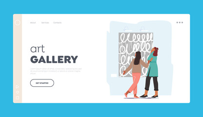 Art Gallery Landing Page Template. Woman with Girl Enjoying Watching Artwork Exhibits in Museum, r Visitor on Exhibition