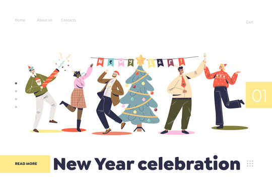 New year celebration concept of landing page with people colleagues dancing on corporate party