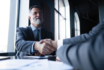 Good deal. Two business people shaking hands while sitting at the working place.