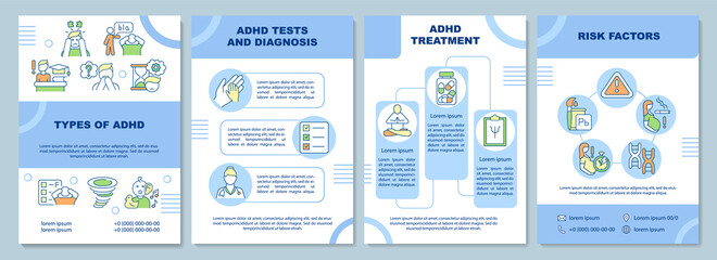 Types of ADHD brochure template. Attention deficit diagnosis. Flyer, booklet, leaflet print, cover design with linear icons. Vector layouts for presentation, annual reports, advertisement pages - obrazy, fototapety, plakaty