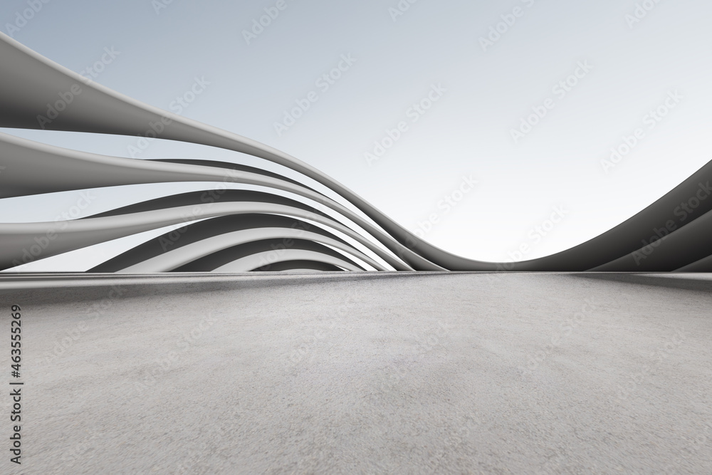 Poster 3d render of futuristic concrete architecture with car park, empty cement floor.