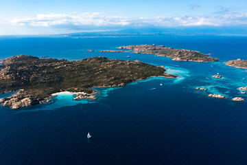View from above, stunning aerial view of La Maddalena archipelago with Budelli, Razzoli and Santa...