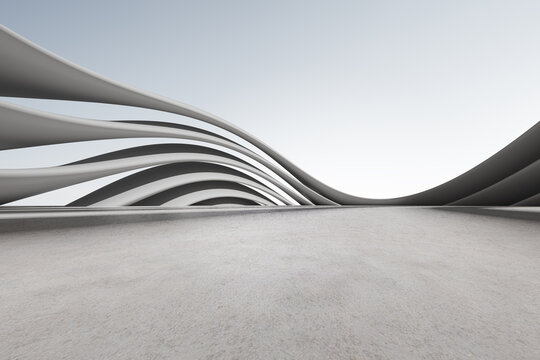 3d Render Of Futuristic Concrete Architecture With Car Park, Empty Cement Floor.