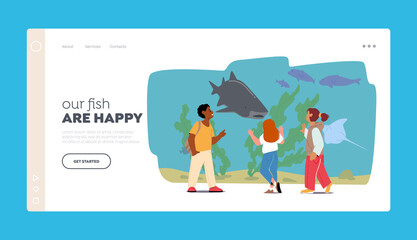 School Excursion Landing Page Template. Kids Characters Stand at Oceanarium Glass. Children Visiting Aquarium