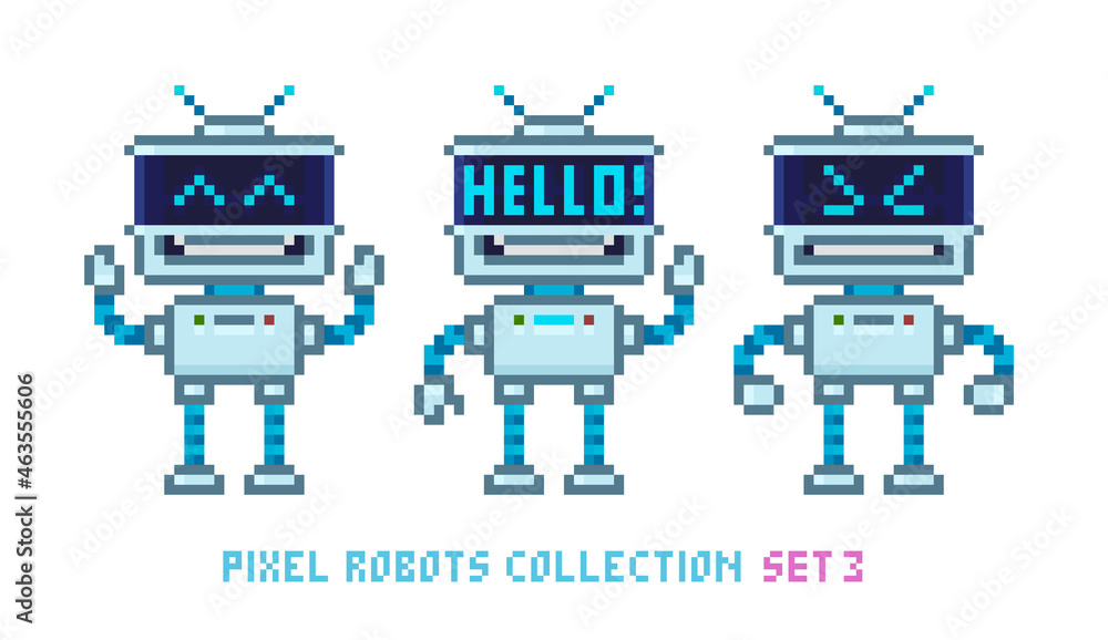 Aufkleber pixel art 8-bit cartoon robots in retro style with funny emotions isolated vector illustration. cute