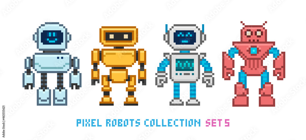 Poster pixel art cartoon robots and aliens in 8 bit style vector collection. cute pixel girl and boy robot 