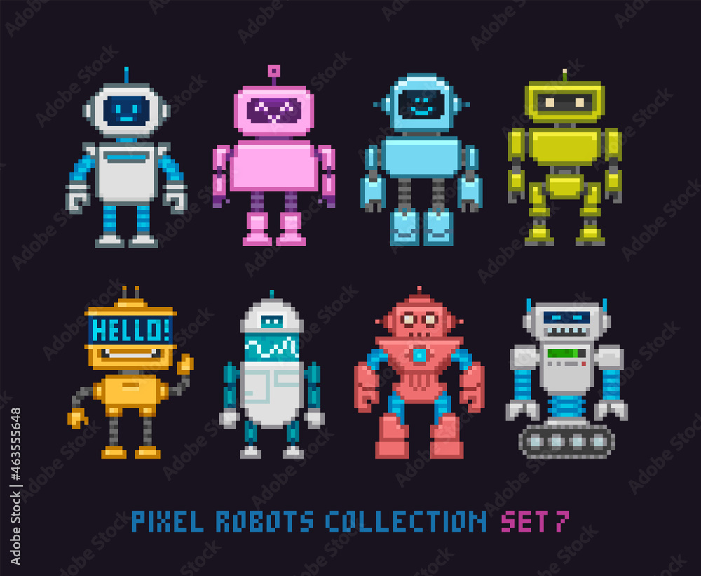 Poster pixel art cartoon robots and aliens in 8 bit style vector collection. cute pixel girl and boy robot 