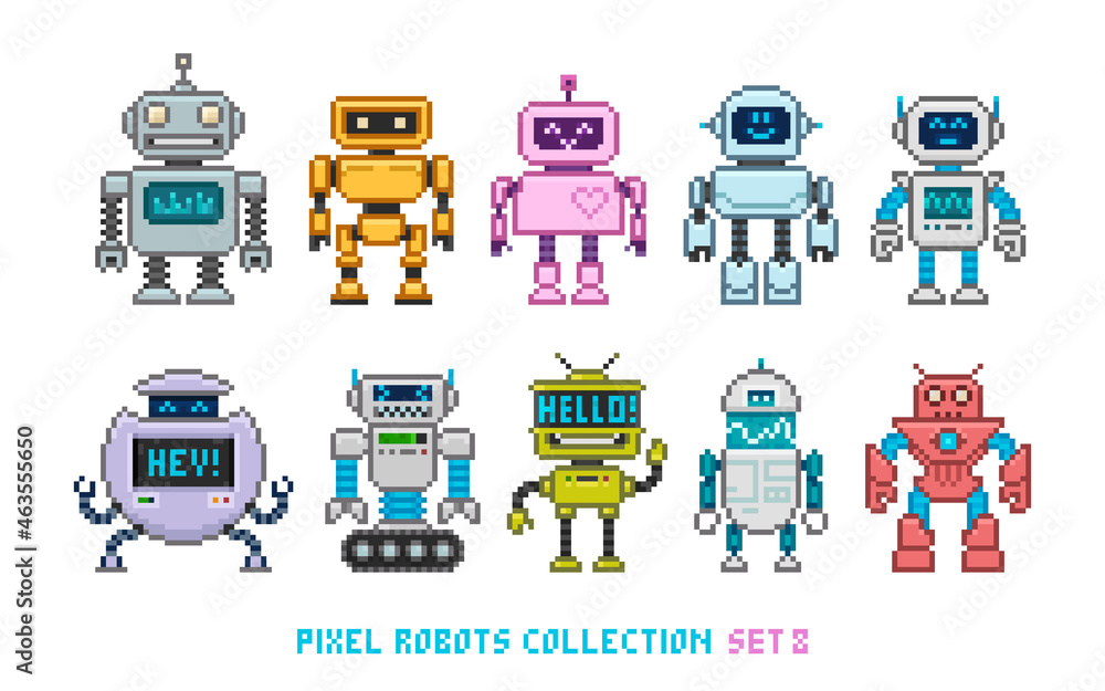 Poster cartoon colorful robots and aliens in pixel game style - vector collection. cute pixel girl and boy 