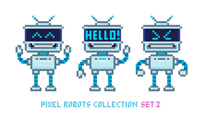 Pixel art 8-bit cartoon robots in retro style with funny emotions isolated vector illustration. Cute robot assistant character for mascot design
