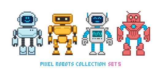 Pixel art cartoon robots and aliens in 8 bit style vector collection. Cute pixel girl and boy robot mascot and funny invader characters set. Retro game team superhero characters design