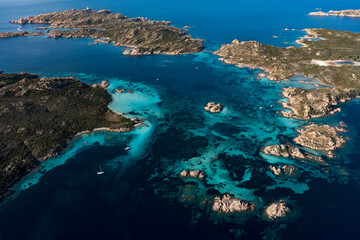 View from above, stunning aerial view of La Maddalena archipelago with Budelli, Razzoli and Santa...