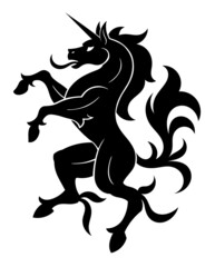 Black vector heraldic unicorn on the white background. Can be used in coat of arms design. - obrazy, fototapety, plakaty