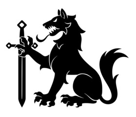 Black heraldic wolf with sword on the white background. Can be used in coat of arms design. © Refluo