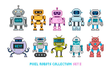 Cartoon colorful robots and aliens in pixel game style - vector collection. Cute pixel girl and boy robot mascot and funny invader characters set. Retro game team superhero characters design - obrazy, fototapety, plakaty