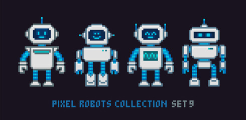 Pixel art 8-bit cartoon robots in retro style vector illustration. Cute robot assistant character for mascot design