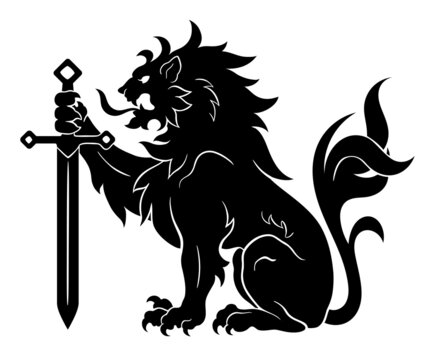 Black heraldic lion with sword on the white background. Can be used in coat of arms design.