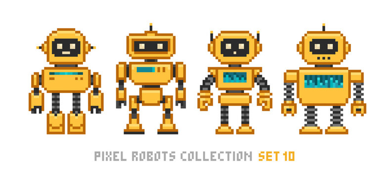 Pixel art 8 bit cartoon yellow robots in retro style isolated vector illustration. Cute robot assistant character for mascot design
