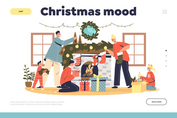 Christmas mood landing page with family decorating living room and fireplace for xmas celebration