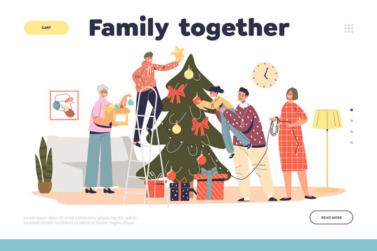 Family together on Christmas landing page with granny, parents and kids decorating xmas tree