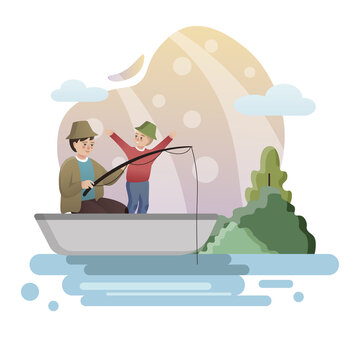 Fishing. Isolated flat style colored illustration. School lessons. Dad with son fishing.