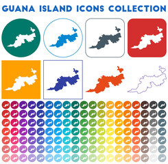 Guana Island icons collection. Bright colourful trendy map icons. Modern Guana Island badge with island map. Vector illustration.